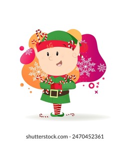 Happy elf with many candy canes. Sweet, treat, character. Can be used for topics like food, Christmas, celebration