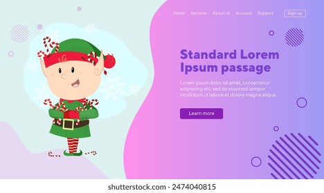 Happy elf with many candy canes. Sweet, treat, cartoon character. Christmas, food concept can be used for banner, landing page or website design