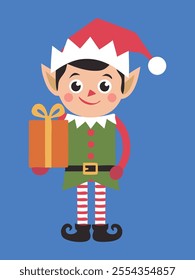 A happy elf in a Santa hat holding a wrapped gift on a blue background, perfect for holiday-themed designs