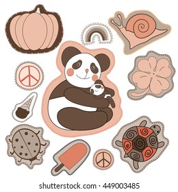 happy embroidery patches collection. vector set illustration with panda, clover, snail, turtle, pacific pumpkin ice cream rainbow ladybug