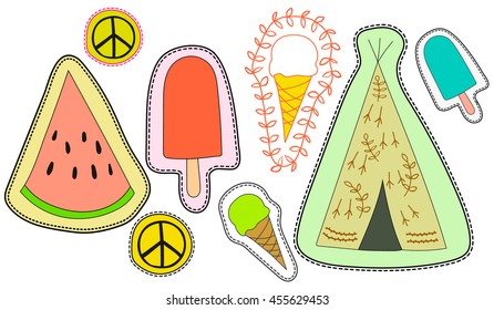 happy embroidery patches collection. vector set illustration wigwam, watermelon, ice cream for stickers, magnets, greeting card decoration.