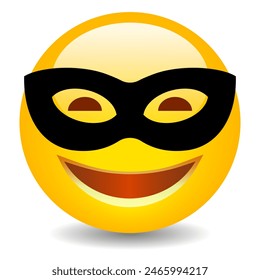 Glückliches Emoji mit schwarzer anonymer Maske, Vektorgrafik Cartoon auf weißem Hintergrund