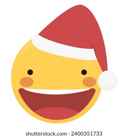 Happy emoji with christmas hat, yellow emoji face with a big smile, Santa Claus Emoticon smiling. Clipart for chat, web, social media, holiday,  good wishes, greetings,  designs. Merry Christmas icon