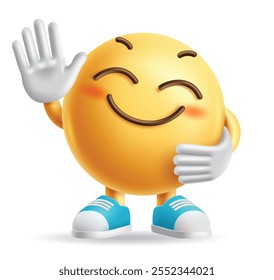 Happy emoji clipart 3d character. Emoji character with waving hands and standing feet in smiling, enjoy, cute and cheerful facial expression yellow icon graphic element. Vector illustration happy