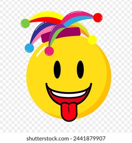 Happy Emoji with colorful Jester Hat on transparent background