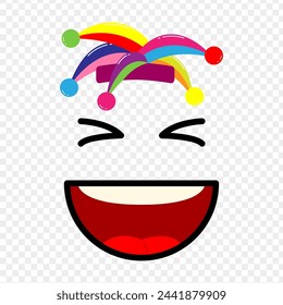 Happy Emoji with colorful Jester Hat on transparent background