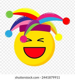 Happy Emoji with colorful Jester Hat on transparent background