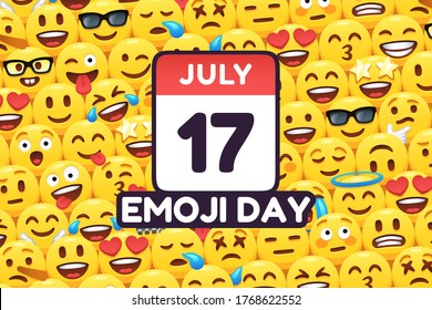 Happy Emoji Day 17 July, Calendar Icon On Funny Yellow Emoticon Faces Background Vector Celebration Poster Illustration