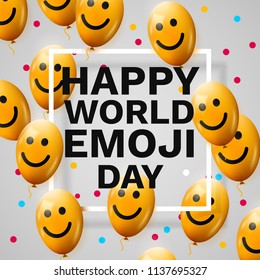 Happy emoji day. Greeting card with frame and lot of yellow emoji balloons. Vector illustration