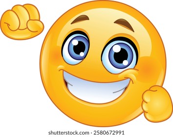 Happy emoji emoticon with a big smile and raised fists, expressing excitement and success