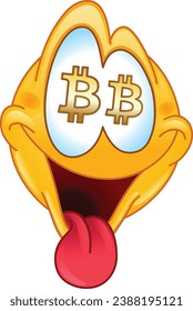 Happy emoji emoticon with Bitcoin signs in its eyes and sticking out its tongue