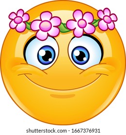 Happy emoji emoticon with flower head wreath