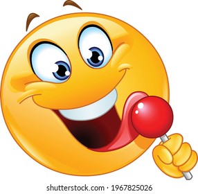 Happy emoji emoticon licking a red lollipop