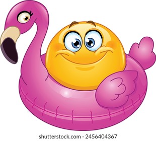 Happy emoji emoticon sitting in an inflatable pink flamingo ring