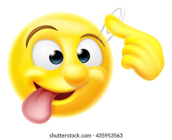 A happy emoji emoticon smiley face character pointing at his or her head making a screw loose gesture