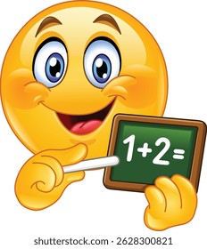 Happy emoji emoticon teacher holding a chalkboard with a simple math problem and pointing at it with a piece of chalk