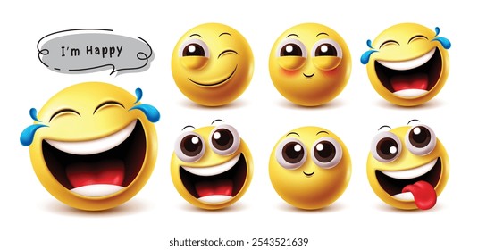 Conjunto de personajes de Vector emoji feliz. 3d emojis en la cara feliz con el carácter amarillo del emoticon como guiño, lindo, divertido, alegre y expresiones faciales traviesas en el fondo blanco. Vector 