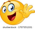 Happy emoji emoticon waving goodbye. Saying gotta go or see you