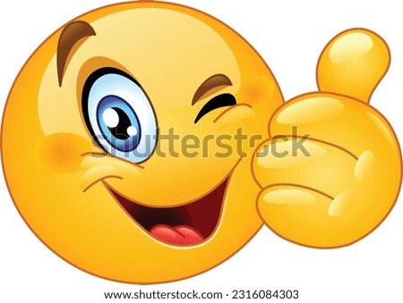 Happy emoji emoticon winking and showing thumb up, like gesture