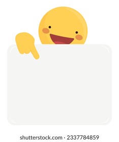 Happy Emoji face holding sign. Editable Vector to write your text.
Yellow Emoticon with Hands holding a paper, poster handheld placard, with space templates for message, banners, advertising, and ads