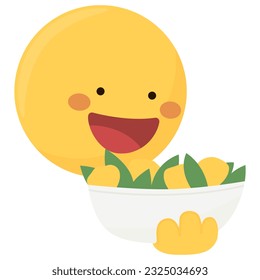 Happy emoji face icon with a delicious salad dish in his hand.
Yellow emoticon looking at the tasty fresh greens.
Plant powered lifestyle concept, vegan, natural, organic, healthy and vegetarian food.