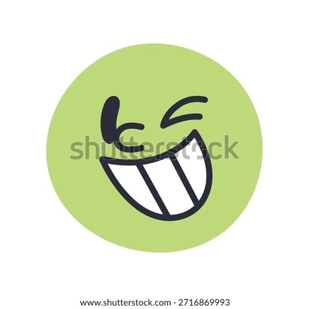 Happy emoji face with joyful expression, smiling with teeth, winking. Round head character with cheerful grin, laughing comic humor emotion. Flat vector illustration isolated on white background