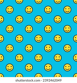 Happy emoji faces, yellow smiling round face seamless pattern isolated on sky blue background. Suitable for design, textile, wrapping paper, covers etc. EPS 10 vector illustration.