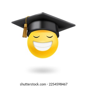 Happy emoji with gdaruation cap. 3d vector icon isolated on white background