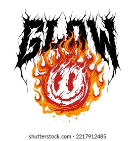 happy emoji icon in flames with grunge metal look slogan print design