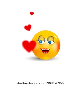 Happy Emoji Kawaii Girl Face in love with red hearts flying around. Communication Chat Elements or icon.