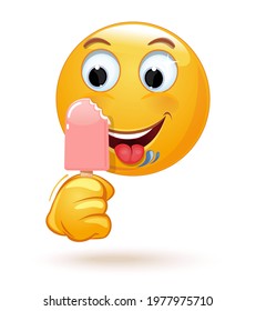 Happy emoji licks ice cream. Emoticon face in sunglasses holding a bitten off ice cream on a stick. Vector illustration