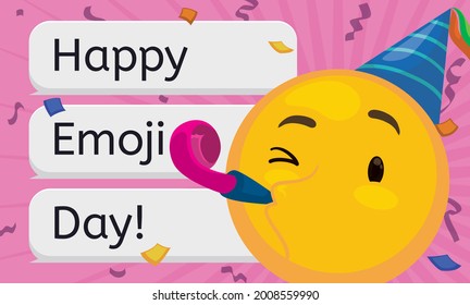 
Happy emoji with party hat and horn in a chat, celebrating its day under a confetti shower.