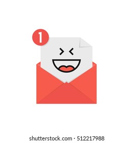 emoji feliz en la notificación de carta roja. concepto de risa, humor impreso, web postal, conversación en línea, sentido humano, correo electrónico abierto. tendencia de estilo plano moderno diseño gráfico de logotipo en fondo blanco