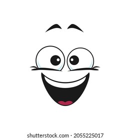 Happy emoji sticker, person chatbot in good mood. Vector laughing head, world smile day symbol. Smile with open mouth, funny emoticon. Satisfied emoji, support center bot avatar icon