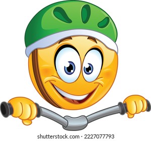 Happy emoji wearing a helmet and riding bike