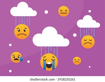 Posibles emojis con diseño de nubes, expresión de dibujos animados emoticonos y tema de medios sociales Ilustración vectorial