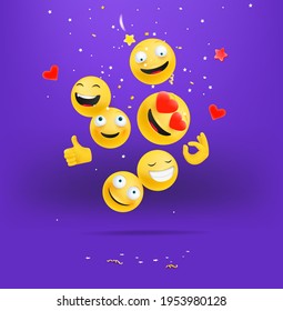 Happy emojis falling down concept. Smiling and laughing emoticons crowd