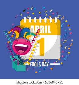 happy emoticon in box with jester hat confetti april fools day