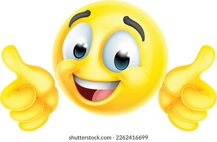 A happy emoticon cartoon face giving a thumbs up 