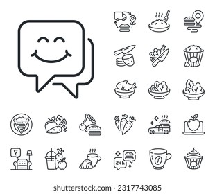 Happy emoticon chat sign. Crepe, sweet popcorn and salad outline icons. Smile face line icon. Speech bubble symbol. Smile face line sign. Pasta spaghetti, fresh juice icon. Supply chain. Vector