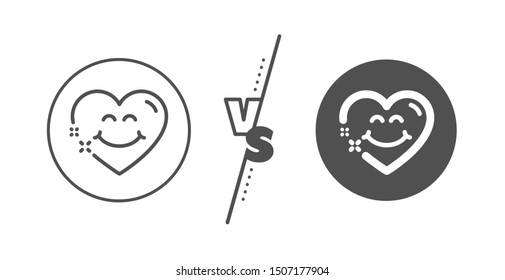 Happy emoticon chat sign. Versus concept. Smile face line icon. Heart face symbol. Line vs classic smile face icon. Vector