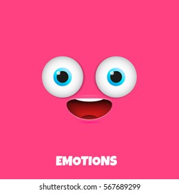 Happy emoticon. Emoji face with wide happy smile isolated on pink background.