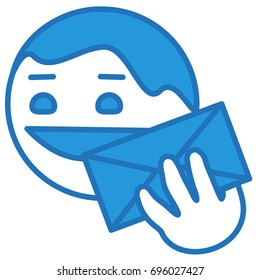 happy emoticon holding an envelope, guy showing incoming mail or message, funny cartoon character with simplistic facial expression, simple hand drawn line icon from a set, eps 10