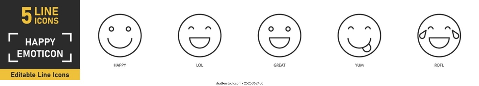 Happy Emoticon line icon set. Set of 5 outline icons related to happy, lol, great, yum, rofl and more. Vector illustration.