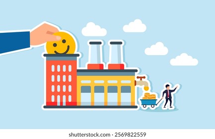 A happy emoticon placed in a factory produces dollar coins collected by a businessman, illustration of positive market sentiment boosting factory revenue