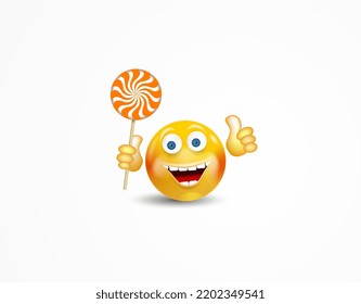 Happy emoticon showing thumb up holding sweet twisted candy lollipop with Halloween striped pattern on wooden stick isolated on white background. Vector cartoon illustration