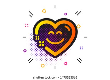 Happy emoticon sign. Halftone circles pattern. Smile chat icon. Heart speech bubble symbol. Classic flat smile chat icon. Vector