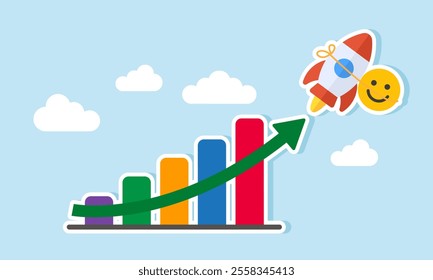 A happy emoticon tied to a rocket soaring to the sky past a rising chart, illustration of increasing engagement and attention from the market