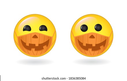 Happy emoticon wearing mask at Halloween holiday, vector sticker. Emoji, pumpkin colors funny face protection mask, smile, social media sign. Responsible safe celebrating during coronavirus pandemic