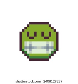 Happy emoticon with a wide sparkling smile, pixel art icon cartoon character. 8-bit flat style. Isolated abstract vector illustration.